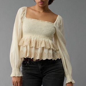 AE Long-Sleeve Smocked Tiered Top